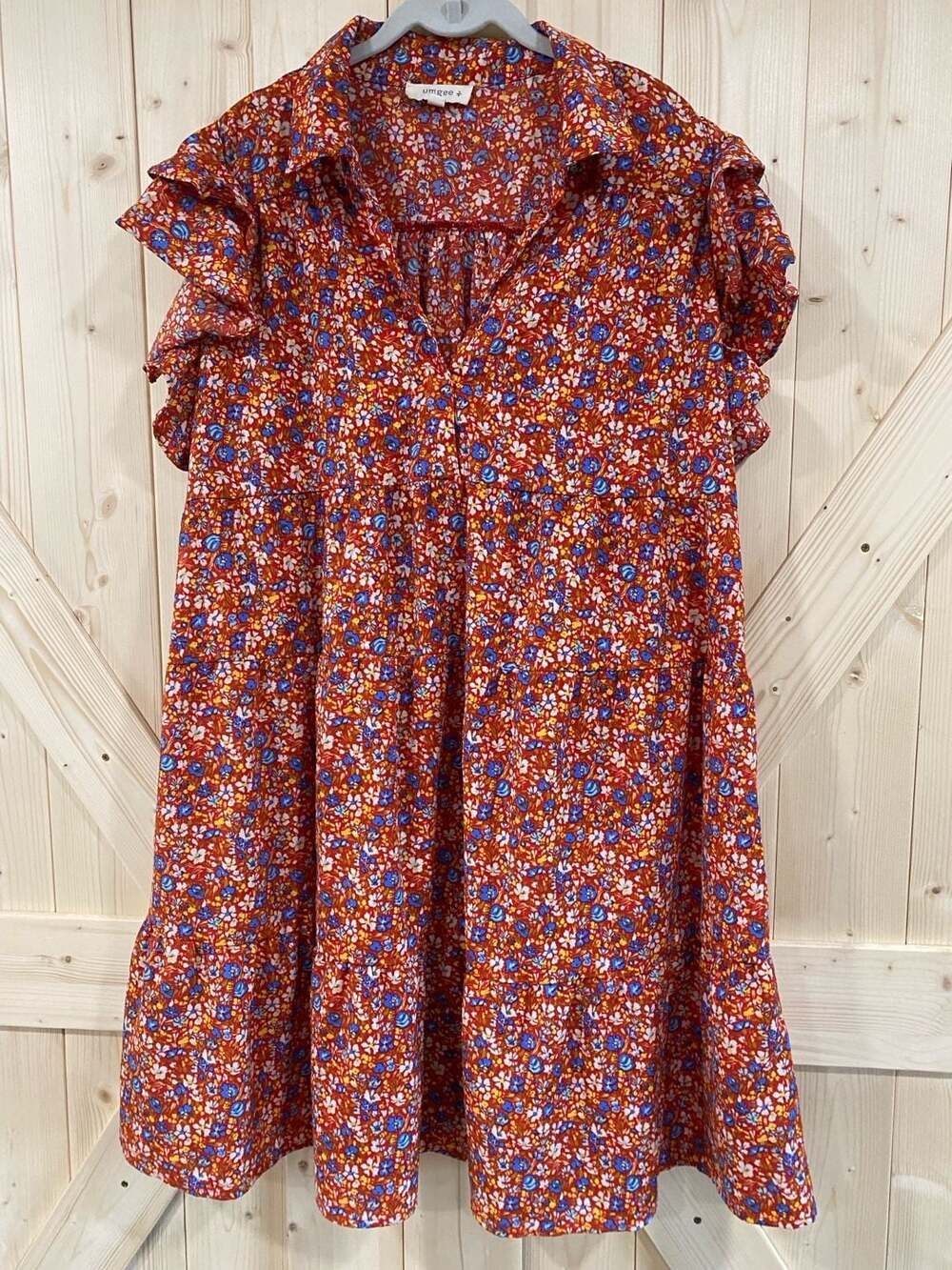 Umgee USA Plus Size 1XL Red Multi Floral Tiered Ruffle Sleeve Dress